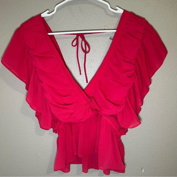 Glam hot pink plunge v neck ruffle top women’s size small - Picture 1 of 7